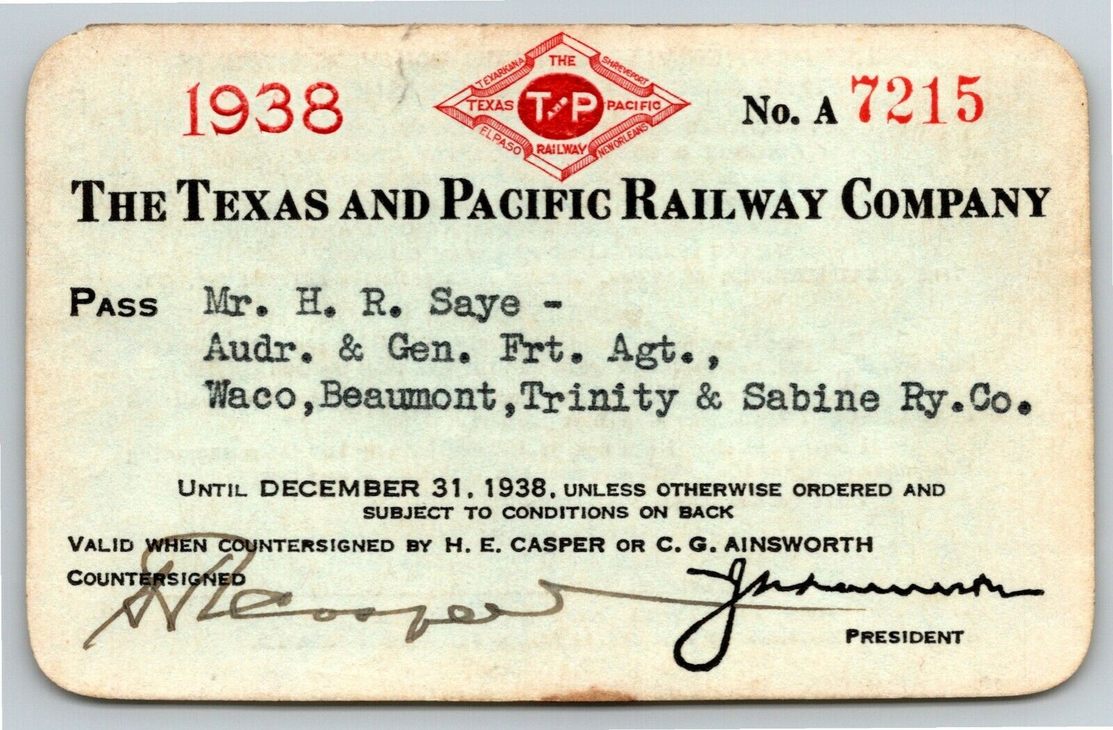 Vintage Railroad Annual Pass The Texas & Pacific Railway 1938 A7215 Thermography