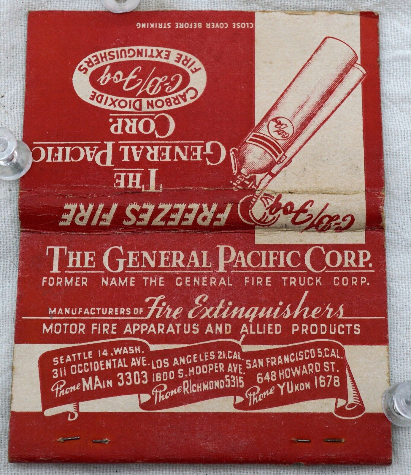 Matchbook Cover The General Pacific Corp. Carbon Dioxide Fire Extinguishers