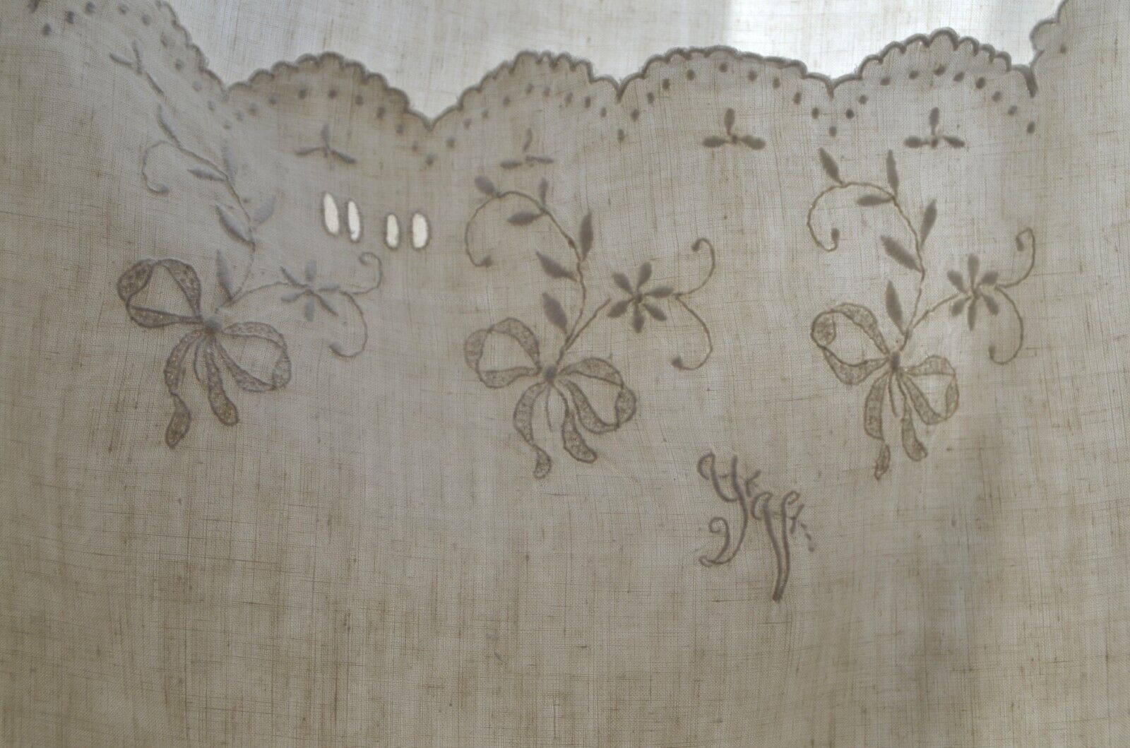 Pure linen shift, embroidered scallops, floral white work and YV monogram