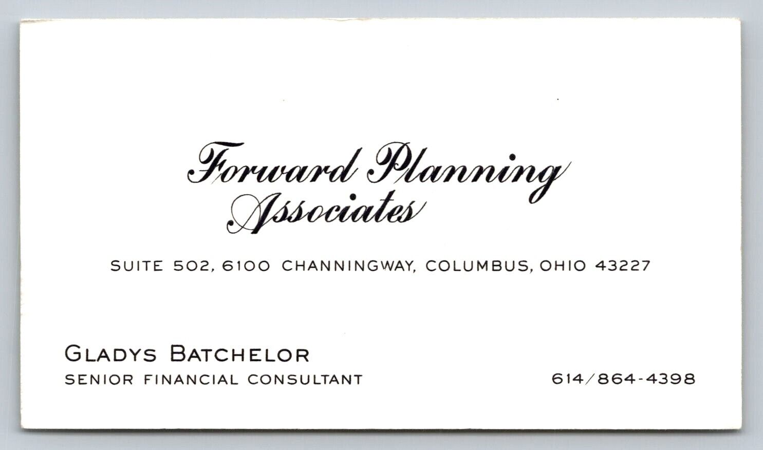 Vintage Business Card Forward Planning Associates Batchelor Columbus Ohio