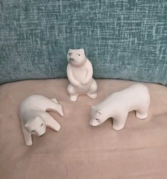 Set of 3 Polar Bear Ceramic White Figurines Made in Brazil