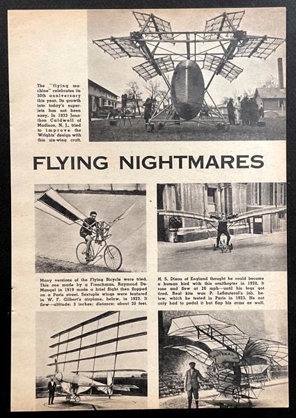 “Flying Nightmares” 1953 article Cyclogyro~Ornithopter~Flying Bicycle~Cycleplane