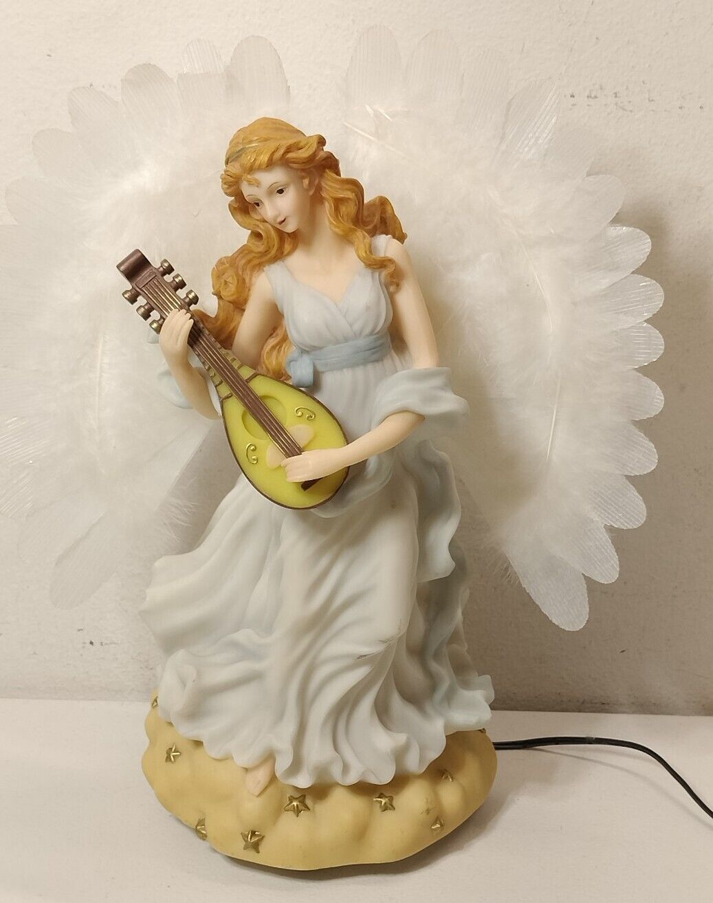 Vintage Animated Fiber Optic Angel Music Box Figurine With Wings Statue 
