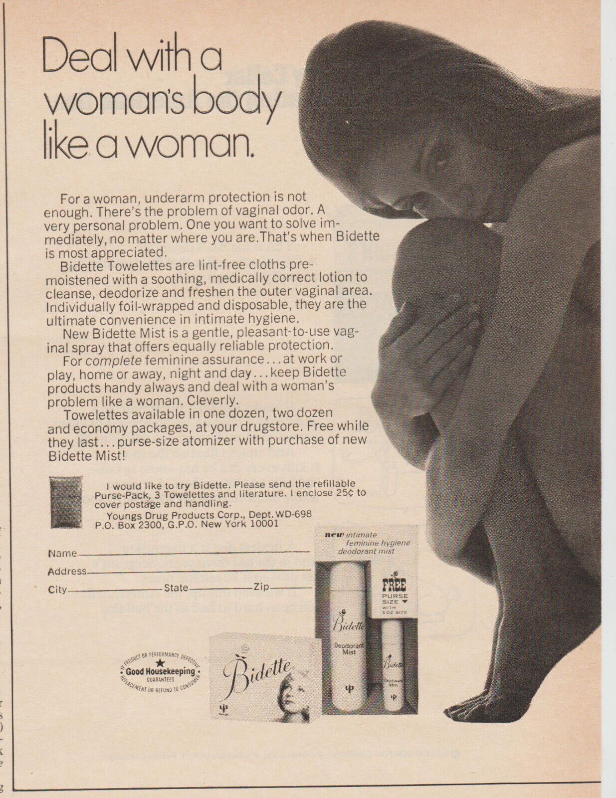 1969 Bidette Deodorant - Unclothed Girl Fetal Curled Position - Print Ad Photo