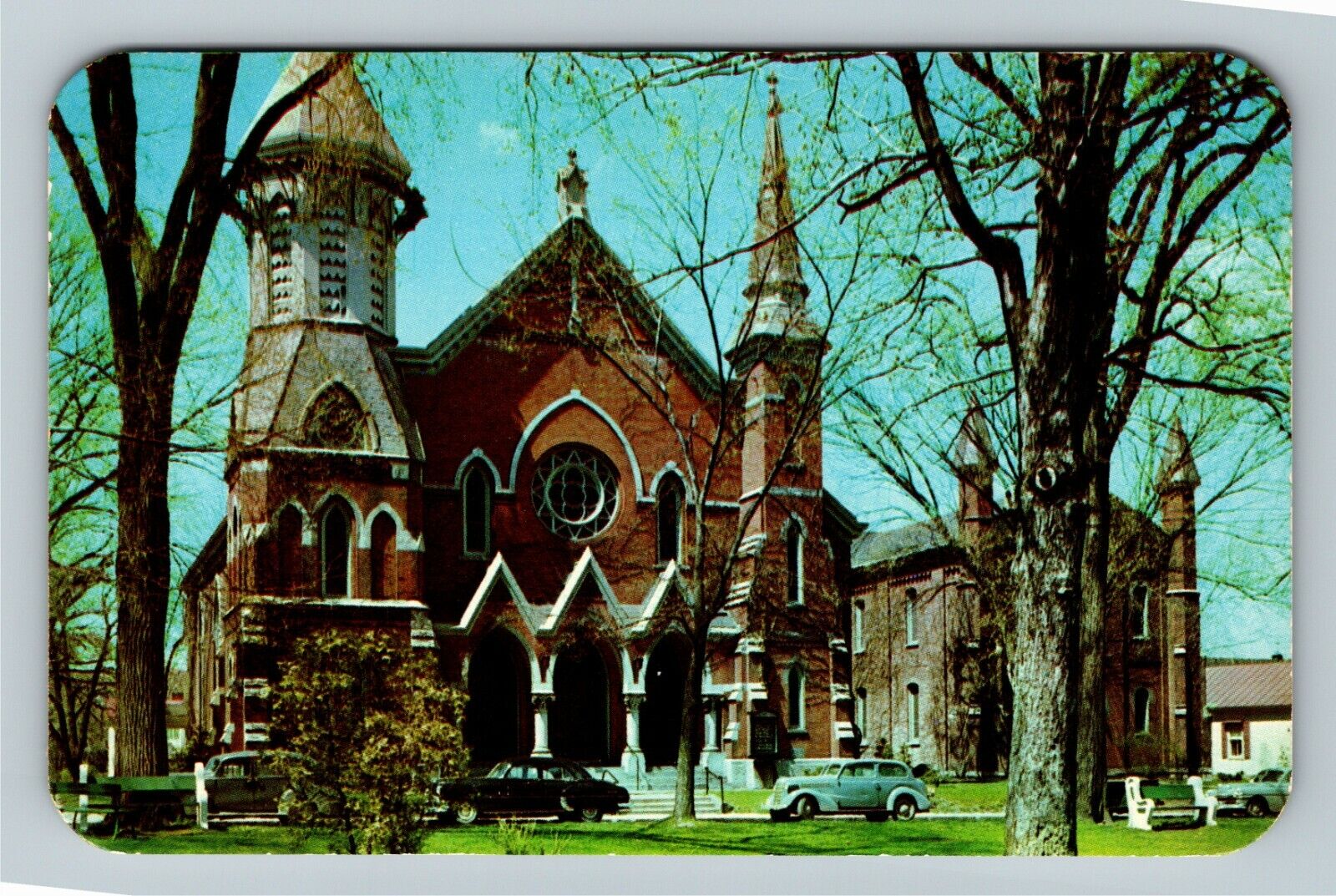 Geneva NY-New York, First Presbyterian Church, Outside, Cars, Vintage Postcard