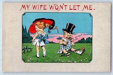 Comic Humor Postcard My Wife Won’t Let Me Big Hats Cigar c1910's Antique picture