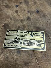 Vintage Marolf Hume Sewage Treatment Metal Plate Tag Sign Windsor Vermont VT picture