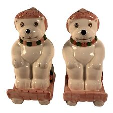 Vintage Pink Polar Bear Winter Sled Hat Scarf Salt and Pepper Shakers picture