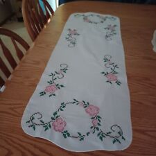 NEW Hand Embroidered Cross Stitch Flowers Table Runner Dresser Scarf  15x42 picture