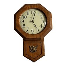 Vintage Saint Charles JAPAN Wall Clock Medium Oak Wood w/ Brass Eagle WORKING picture