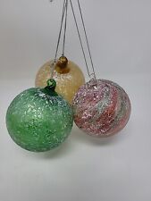 3 Handblown Glass Ornament Balls Green Red Yellow picture